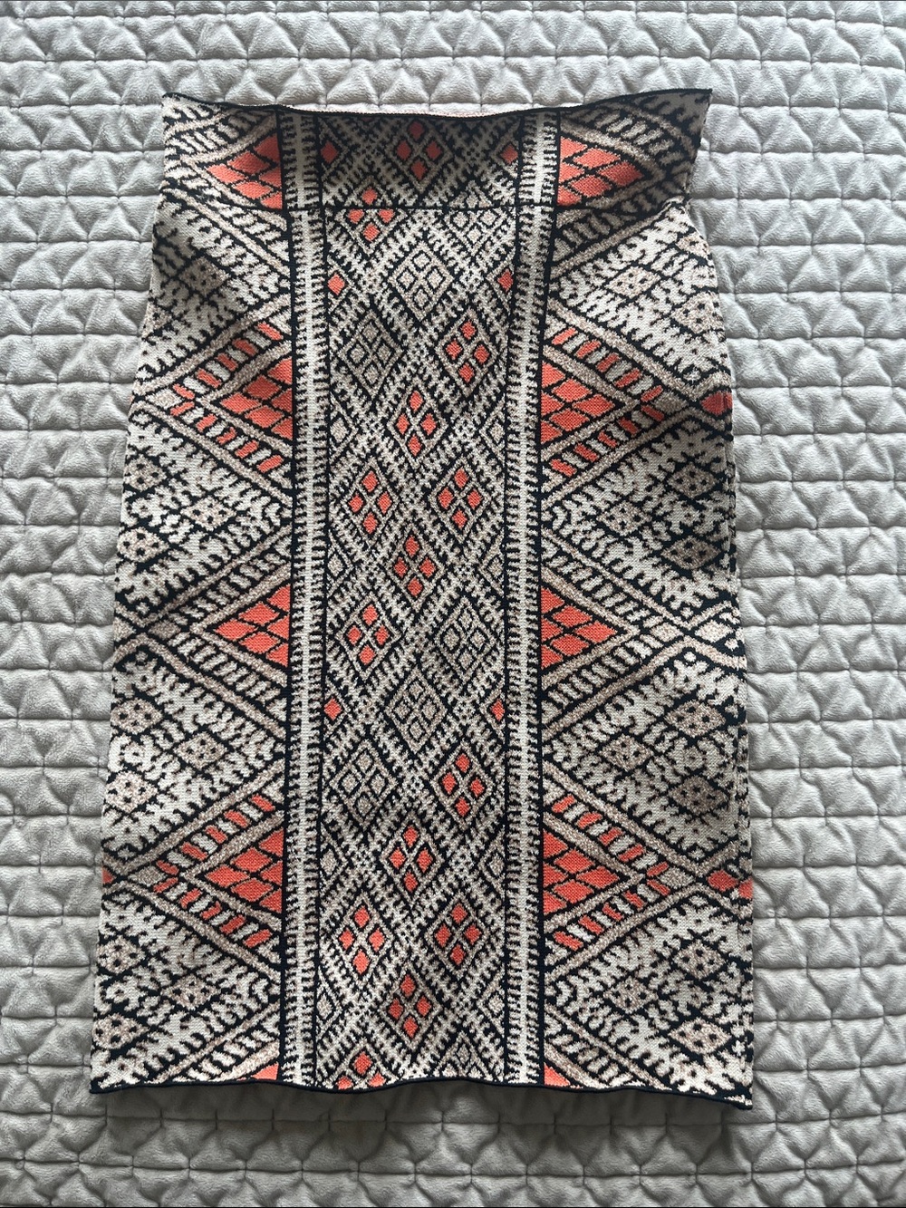 BCBGMaxAzria Black, Cream & Coral Geometric Jacquard Pencil Skirt